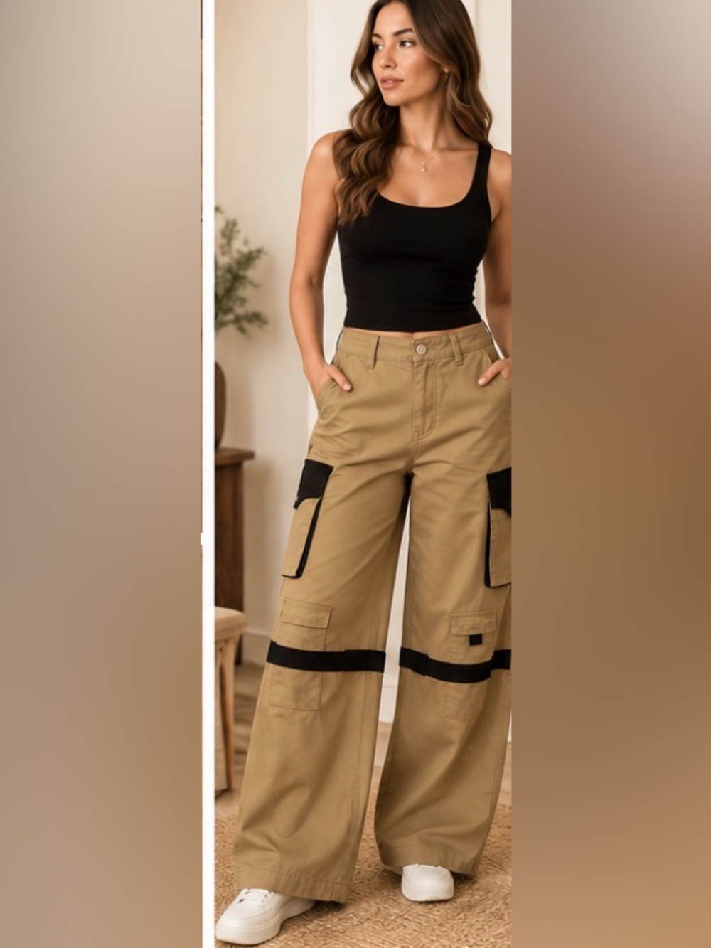 American Bazi Khaki Utility Cargo Pants Black Contrast NWT Size Medium